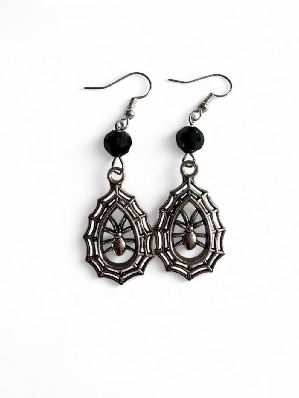 Handmade Silver Spiderweb Spider Black Bead Earrings